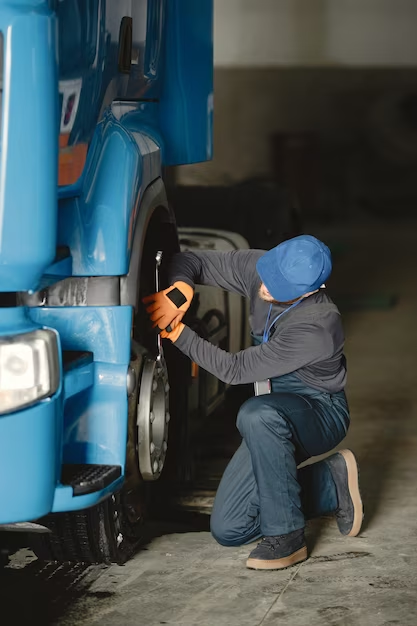 a worker fixing his truck tires